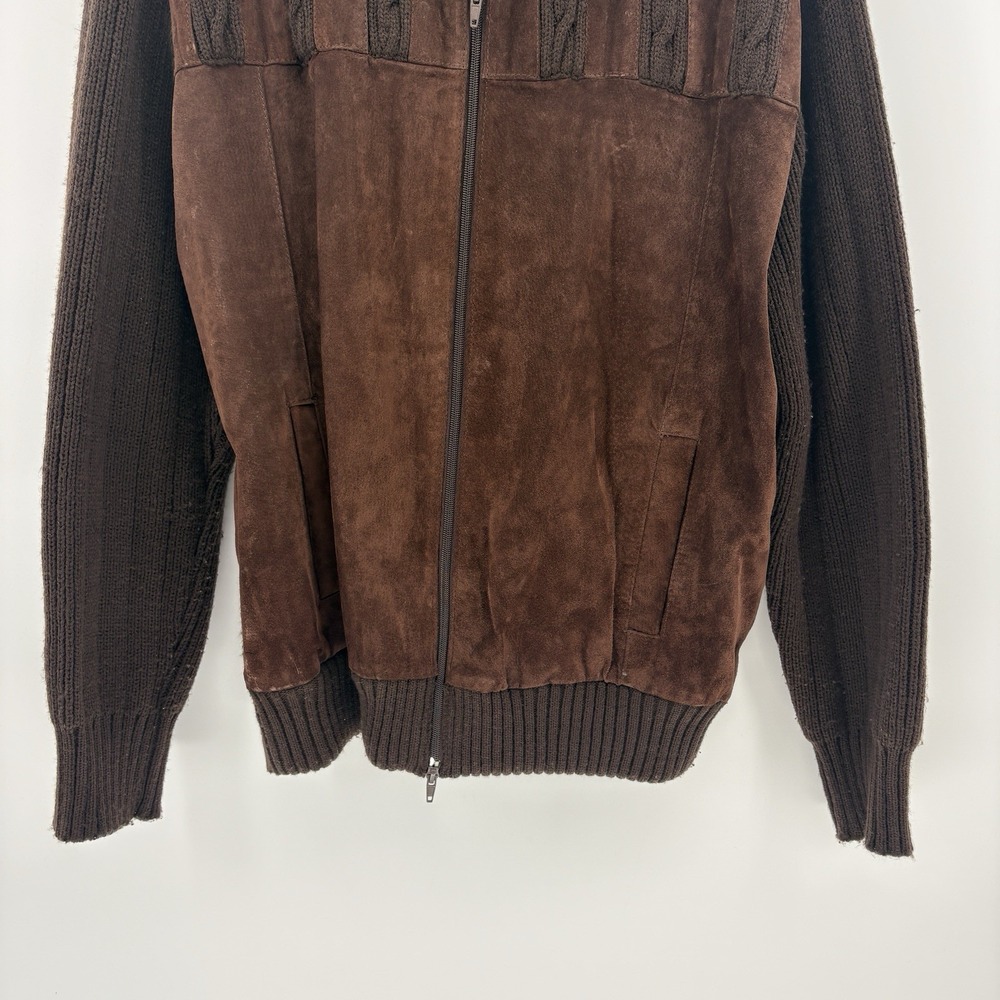 80s Cactus Mens XL Suede Leather Cable Knit Jacket Brown Full Zip Italy Style - Picture 4 of 14